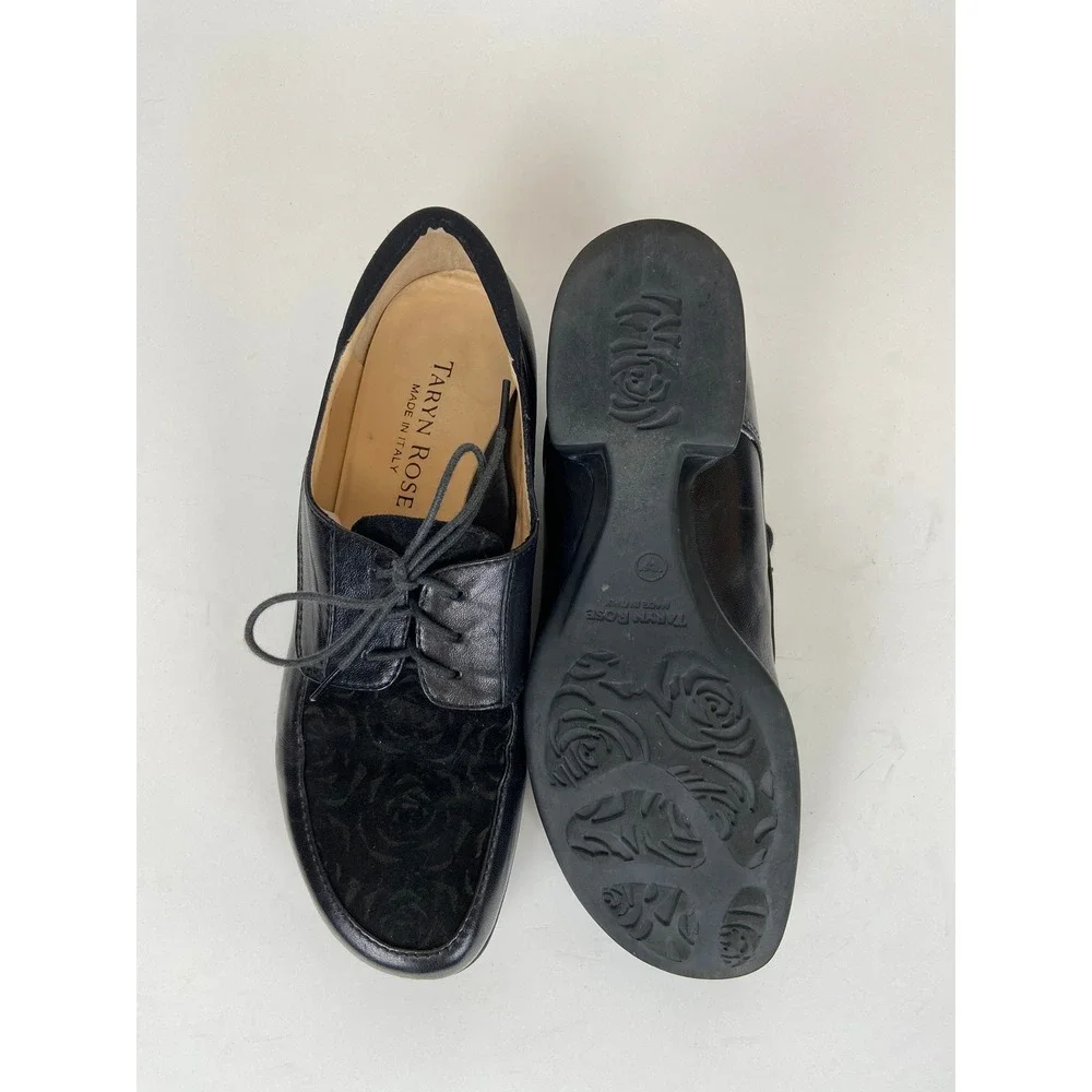 Taryn Rose Black Floral Embossed Suede Oxfords Lace Up Shoes 7.5 M Vamp Italy